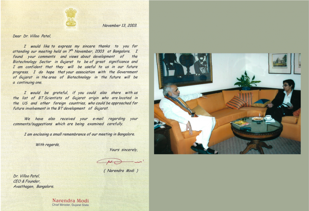 India’s Honourable Prime Minister Shri Narendra Modi recognises Dr. Villoo Morawala-Patell’s impact on the Biotechnology Industry as early as 2003